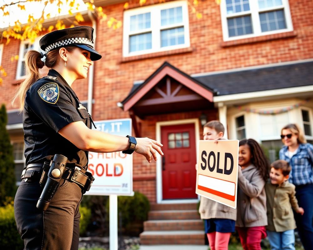 Police officer with real estate agent and family